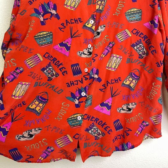 Womens Long Sleeve Silk Shirt Large Red Button Up Tribes Native American Sioux - Picture 4 of 11